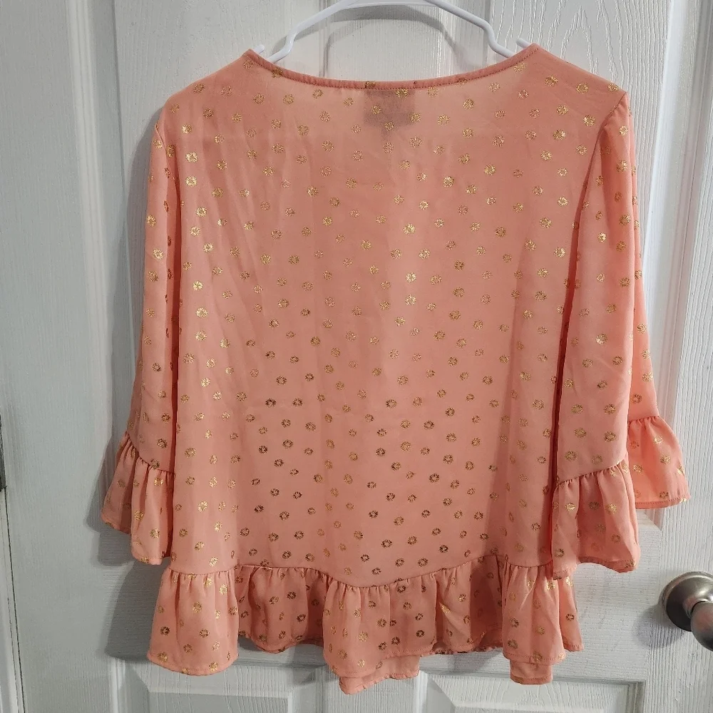 NWT Anthropologie W5 peach Starburst blouse 3/4 ruffle sleeve feminine LG